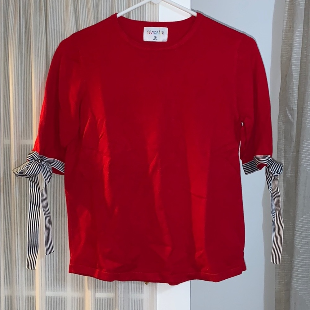 Red Bow Sleeve Sweater Top